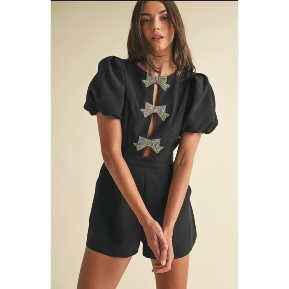 Black Rhinestone Bow Accent Puff Sleeve Romper With Playful Sophistication